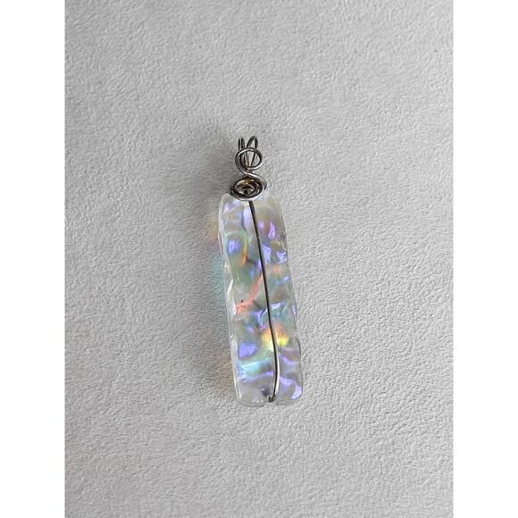 Rectangular Dichroic Glass Boho Pendant Wire Wrapped Iridescent Sheen Handmade - Picture 1 of 4